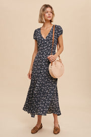 Black Viscose Floral Button Down Midi Dress