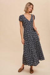 Black Viscose Floral Button Down Midi Dress