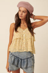 Yellow Floral Sweetheart Flounce Ruffle Camisole Top