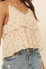 Cream Floral Sweetheart Flounce Ruffle Camisole Top