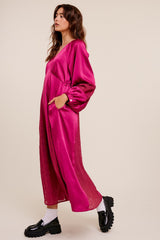 Magenta V-Neck Pleated Maxi Dress With Lace Detailing