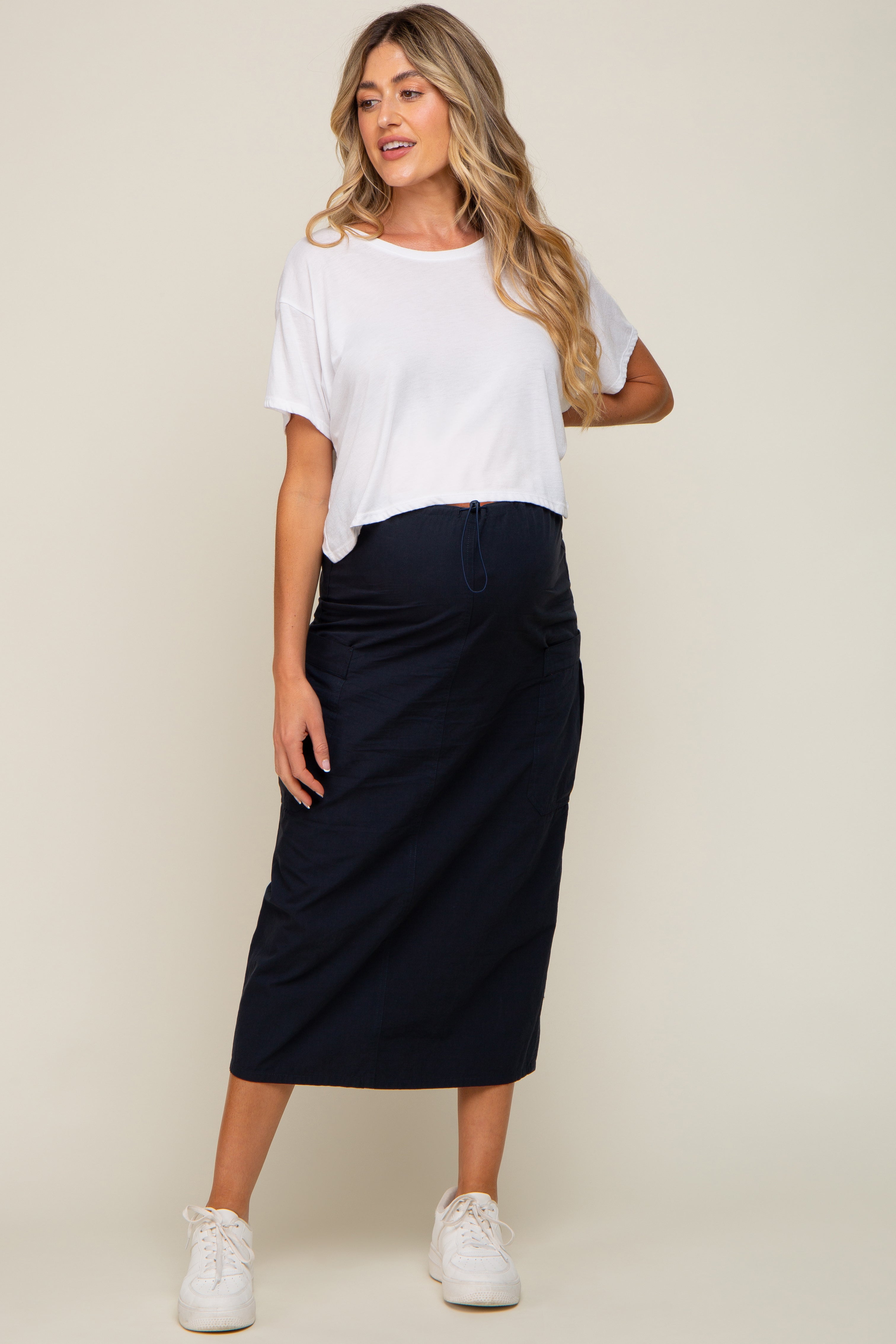 Navy Textured Pencil Midi Stretch Skirt