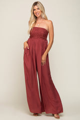 Burgundy Lace Strapless Wide Leg Jumpsuit