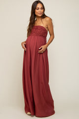 Burgundy Lace Strapless Maternity Wide Leg Jumpsuit