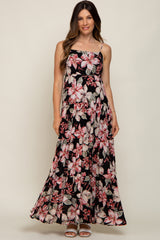 Black Floral Square Neck Tiered Maternity Maxi Dress