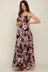 Black Floral Square Neck Tiered Maternity Maxi Dress