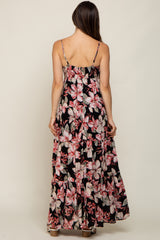 Black Floral Square Neck Tiered Maternity Maxi Dress