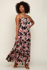 Black Floral Square Neck Tiered Maxi Dress