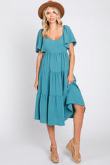 Teal Tiered Criss Cross Back Midi Dress