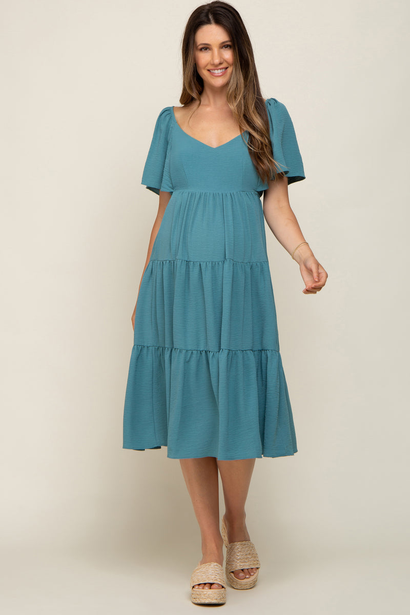 Teal Tiered Criss Cross Back Maternity Midi Dress – PinkBlush