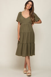 Olive Tiered Criss Cross Back Maternity Midi Dress