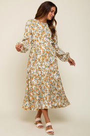 Cream Floral Plisse Long Sleeve Maternity Dress