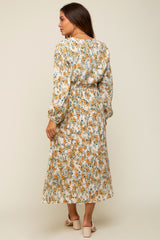 Cream Floral Plisse Long Sleeve Maternity Dress