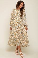 Cream Floral Plisse Long Sleeve Maternity Dress