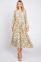 Cream Floral Plisse Long Sleeve Maternity Dress