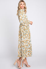 Cream Floral Plisse Long Sleeve Dress