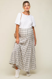 Beige Plaid Linen Maternity Maxi Skirt