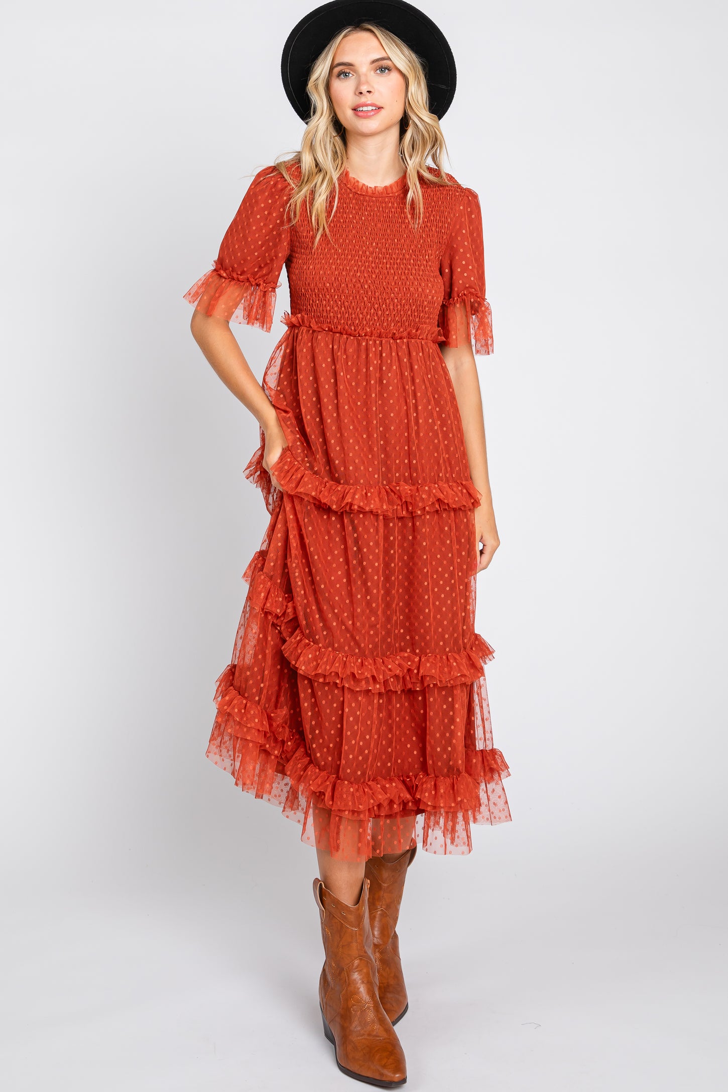 Pretty Rust Orange Dress - Swiss Dot Dress - Lace Midi Dress - Lulus