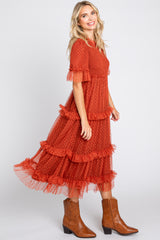 Rust Polka Dot Tulle Smocked Midi Dress