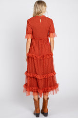 Rust Polka Dot Tulle Smocked Midi Dress