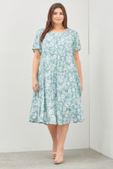 Mint Green Floral Tiered Short Sleeve Maternity Plus Midi Dress