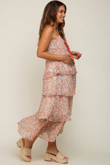 Red Floral Sleeveless Tiered Maternity Maxi Dress