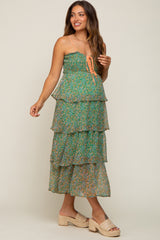 Green Floral Sleeveless Tiered Maternity Maxi Dress