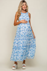 Blue Floral Sleeveless Tiered Maternity Maxi Dress