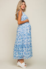 Blue Floral Sleeveless Tiered Maternity Maxi Dress