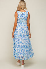 Blue Floral Sleeveless Tiered Maternity Maxi Dress