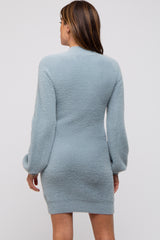 Light Blue Fuzzy Knit Puff Sleeve Sweater Dress