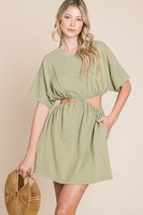 Sage Washed T-Shirt Dress With Side Waist Cut Outs