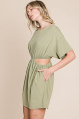 Sage Washed T-Shirt Dress With Side Waist Cut Outs