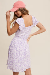 Lavender Flower Print Smocked V-Neck Ruffle Sleeve Dress