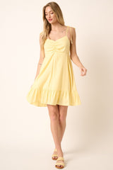 Yellow Ruched Detail Spaghetti Tie Mini Dress