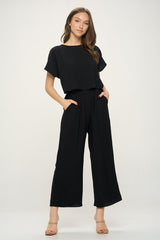 Black Short Sleeves Scoop Back Woven Jumpsuit