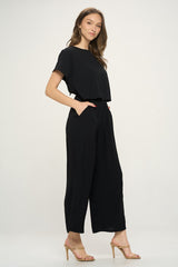 Black Short Sleeves Scoop Back Woven Jumpsuit