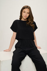 Black Short Sleeves Scoop Back Woven Jumpsuit