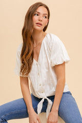 Ivory Puff Sleeve Front Tie Button Down Blouse