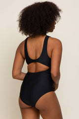 Black Front Twist Open Back One Piece Swimsuit