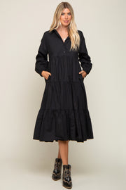 Black Tiered Button Down Midi Dress