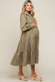 Olive Tiered Button Down Maternity Midi Dress