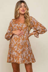 Camel Floral Long Sleeve Maternity Mini Dress