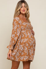 Camel Floral Long Sleeve Maternity Mini Dress