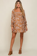 Camel Floral Long Sleeve Maternity Mini Dress