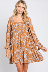 Camel Floral Long Sleeve Mini Dress