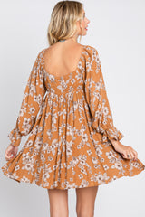 Camel Floral Long Sleeve Mini Dress