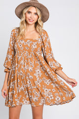 Camel Floral Long Sleeve Mini Dress