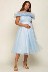 Light Blue Tulle Off Shoulder Maternity Midi Dress