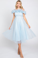 Light Blue Tulle Off Shoulder Midi Dress